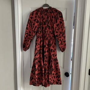 Ulla Johnson Red Midi Dress with Black Botanical Motif